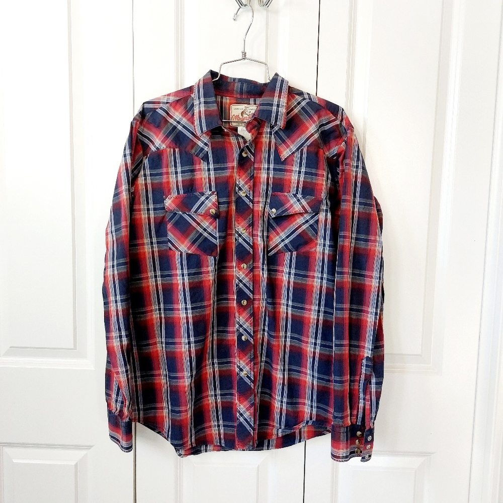 Vintage Wrangler Western Snap Shirt Red & Blue Plaid Large‎ Tall Cowboy